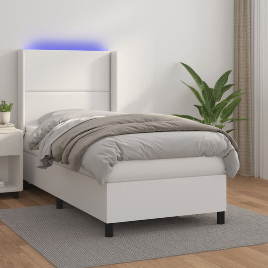 vidaXL Cama box spring y colchón LED cuero sintético blanco 90x190 cm