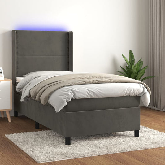 vidaXL Cama box spring colchón y LED terciopelo gris oscuro 90x200 cm