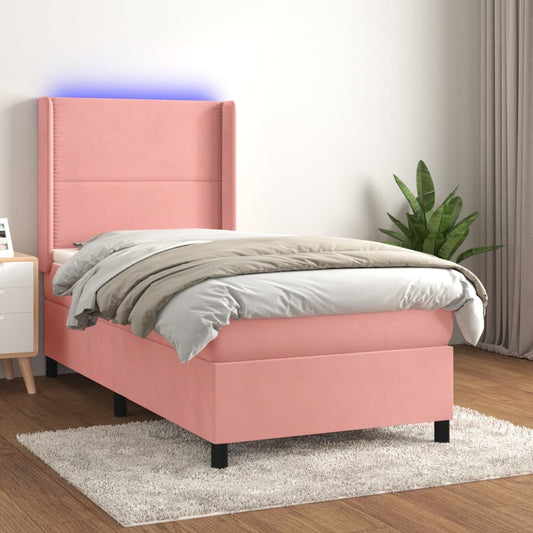 vidaXL Cama box spring colchón y LED terciopelo rosa 90x200 cm