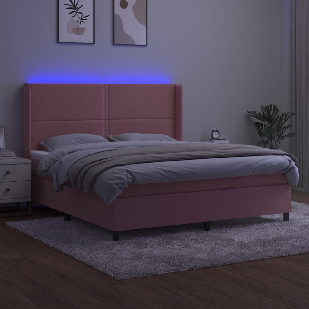vidaXL Cama box spring colchón y LED terciopelo rosa 180x200 cm