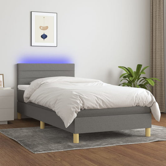 vidaXL Cama box spring con colchón y LED tela gris oscuro 90x200 cm