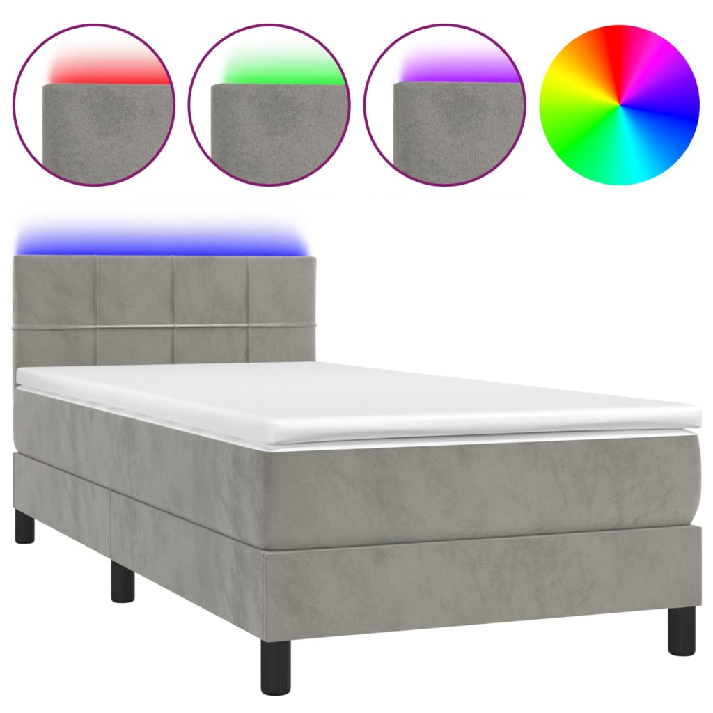 vidaXL Cama box spring colchón y LED terciopelo gris claro 80x200 cm