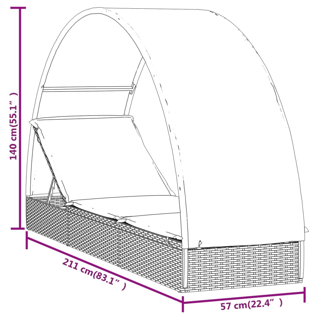 vidaXL Tumbona con toldo redondo ratán sintético negro 211x57x140 cm