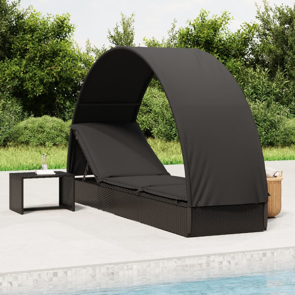 vidaXL Tumbona con toldo redondo ratán sintético negro 211x57x140 cm