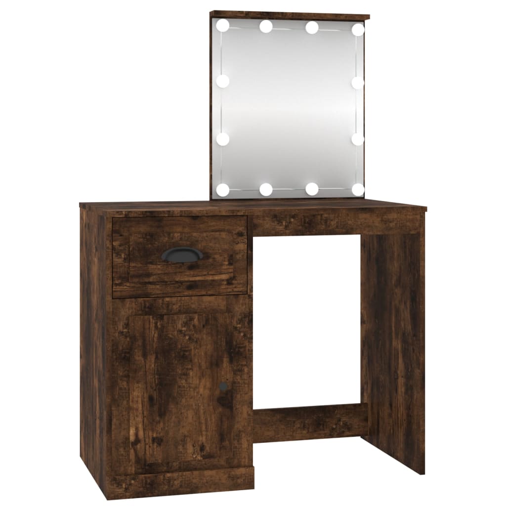 vidaXL Tocador con LED madera contrachapada roble humo 90x50x132,5 cm