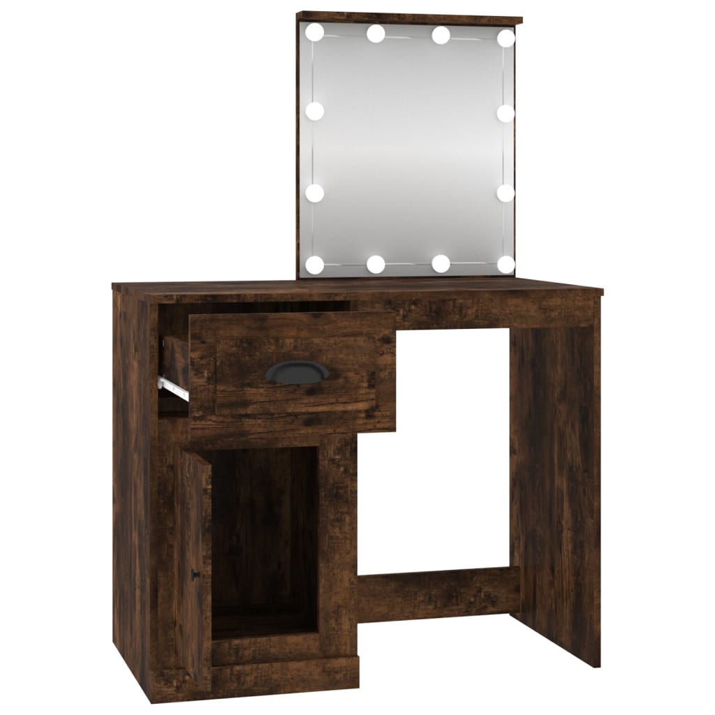 vidaXL Tocador con LED madera contrachapada roble humo 90x50x132,5 cm