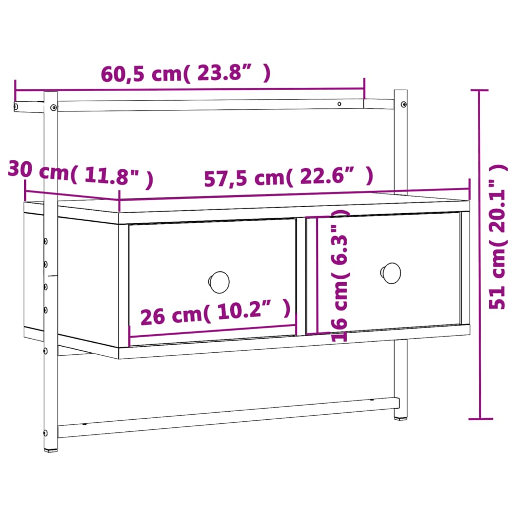 vidaXL Mueble de TV de pared madera ingeniería negro 60,5x30x51 cm