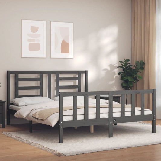 vidaXL Estructura de cama matrimonio con cabecero madera maciza gris