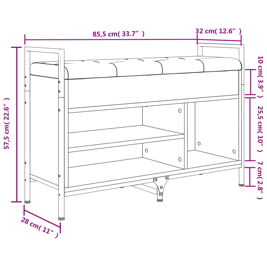 vidaXL Banco zapatero madera de ingeniería gris Sonoma 85,5x32x57,5 cm