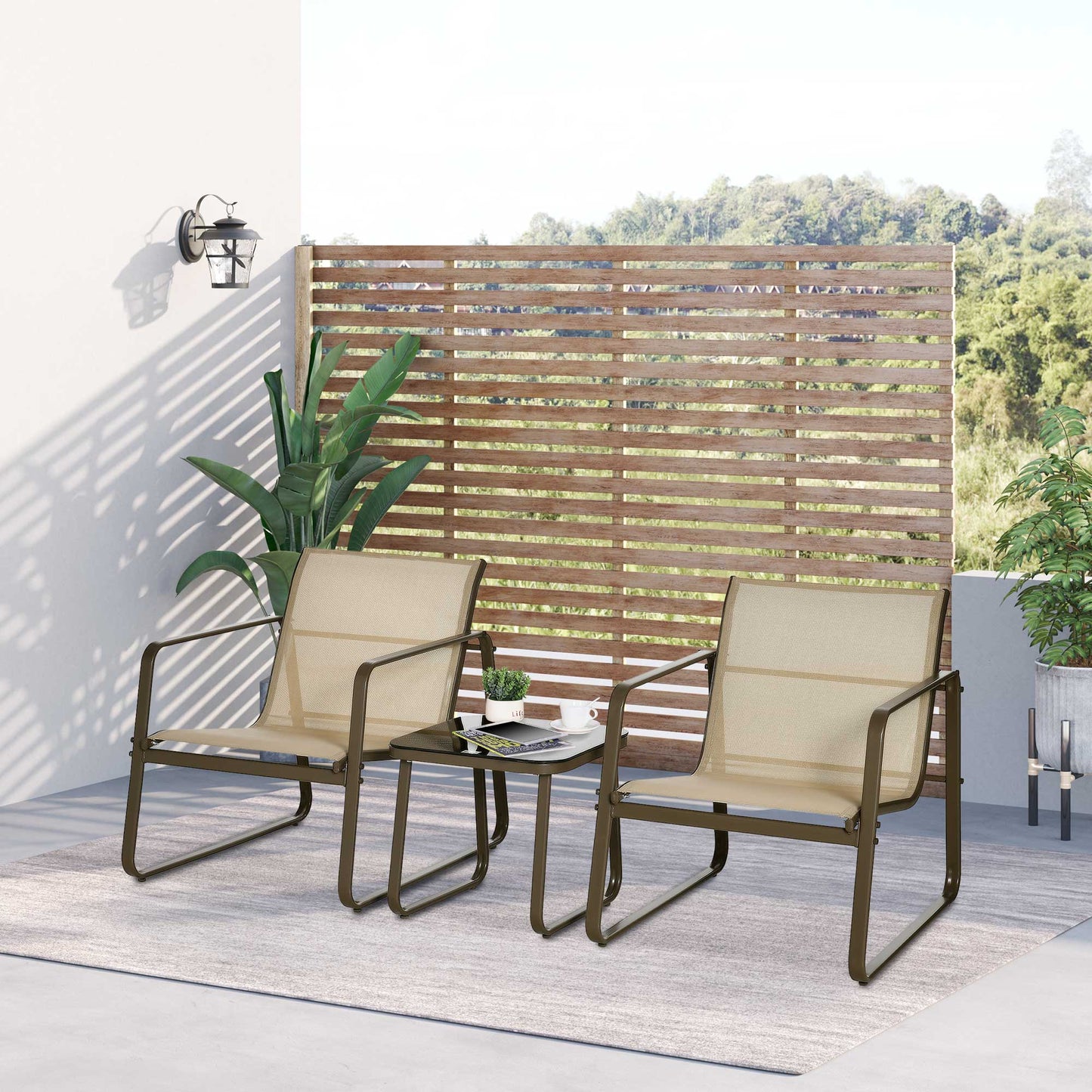 Outsunny Conjunto de Muebles de Jardín 3 Piezas Muebles de Jardín Exterior Incluye 1 Mesa de Vidrio Templado y 2 Sillas con Reposabrazos y Respaldo Transpirable para Terraza Balcón Caqui