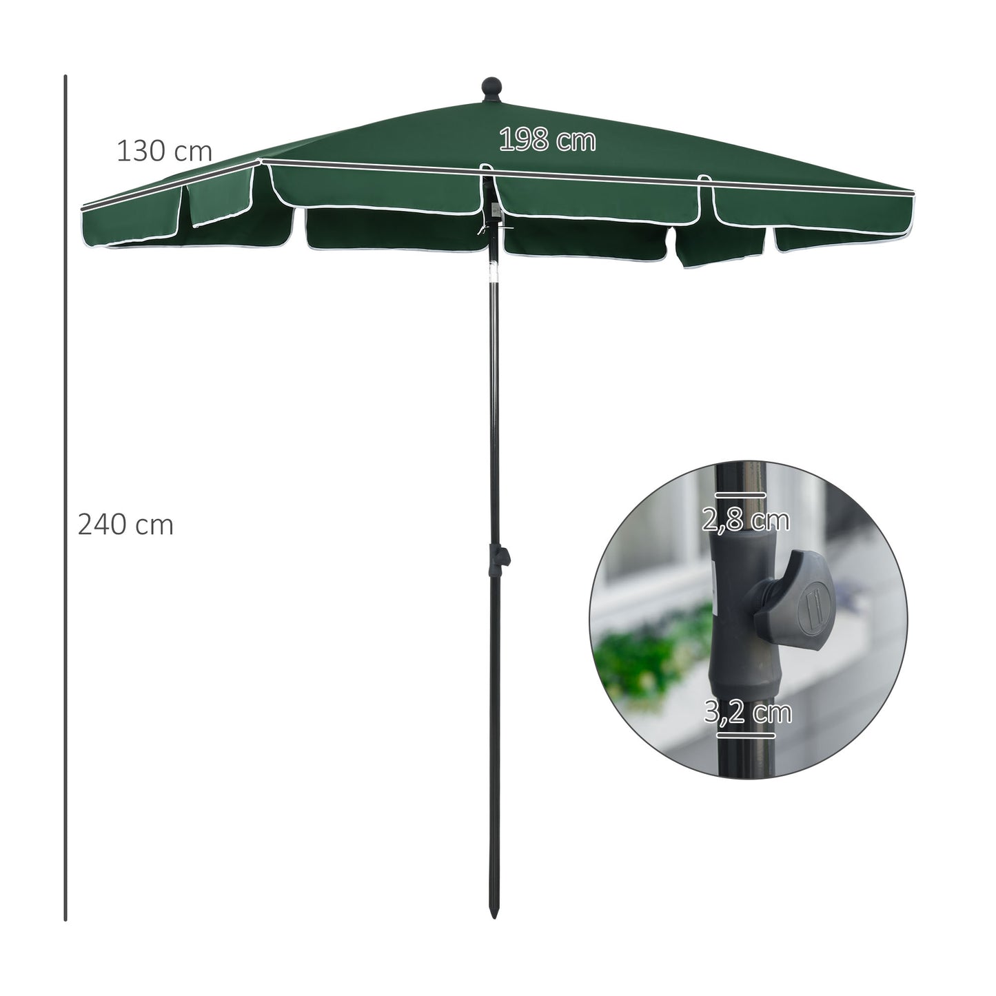 Outsunny Sombrilla de Jardín de Aluminio 198x130x245 cm Parasol de Jardín Rectangular con Función de Inclinación para Terraza Patio Exterior Verde