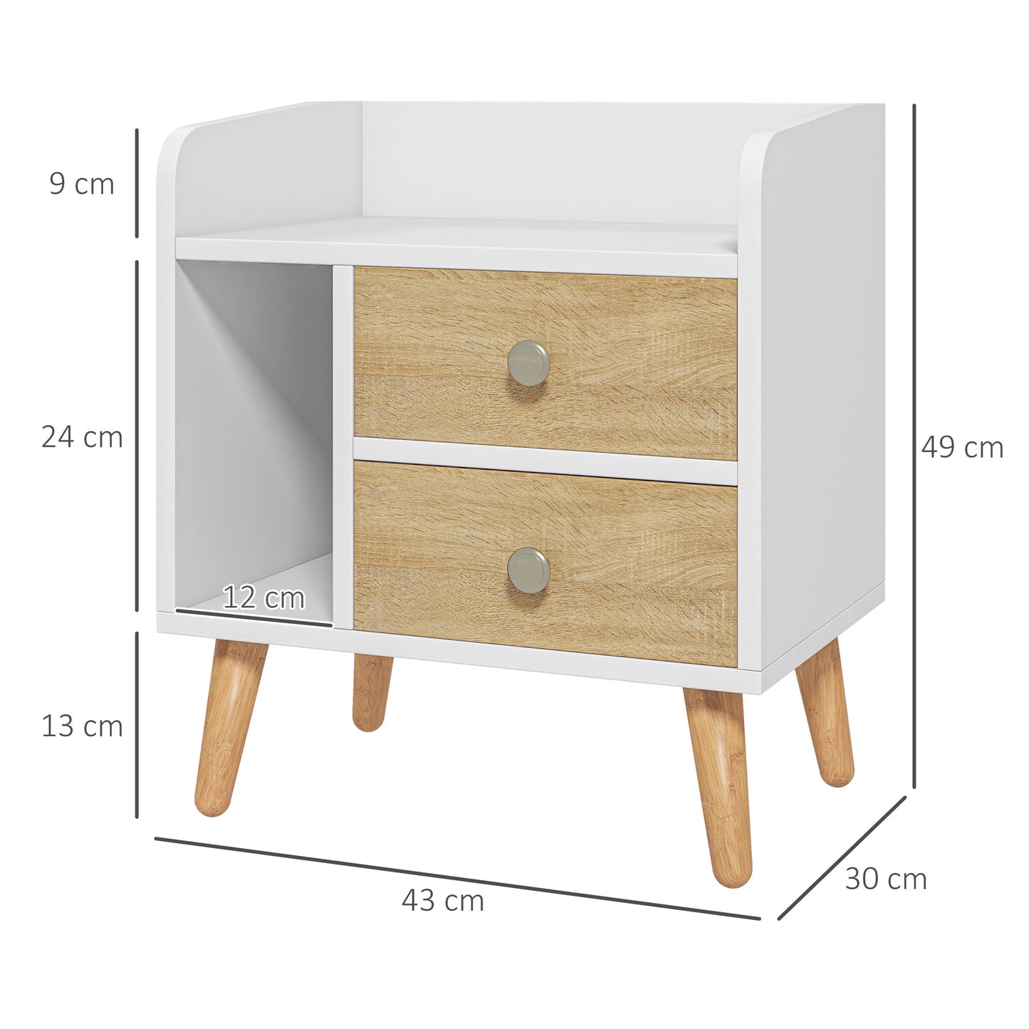 HOMCOM Mesita de Noche Mesilla de Noche con 2 Cajones Grandes y 1 Estante Abierto y Patas Elevadas de Pino Diseño Nórdico para Salón Dormitorio 43x30x49 cm Blanco