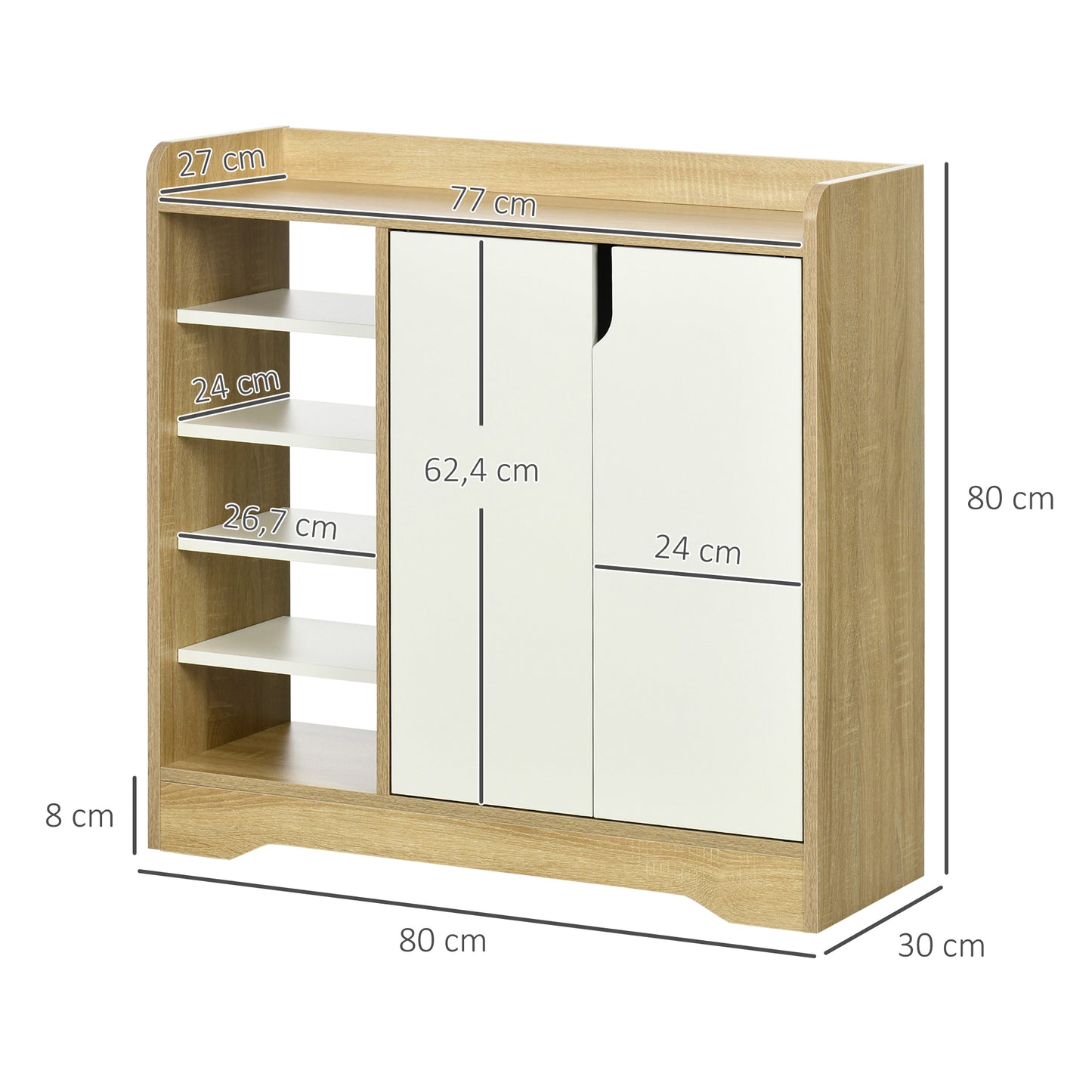 HOMCOM Mueble Zapatero Moderno Zapatero Estrecho con 2 Puertas Estantes de Almacenamiento para 13 Pares de Zapatos para Entrada Pasillo 80x30x80 cm Natural y Blanco