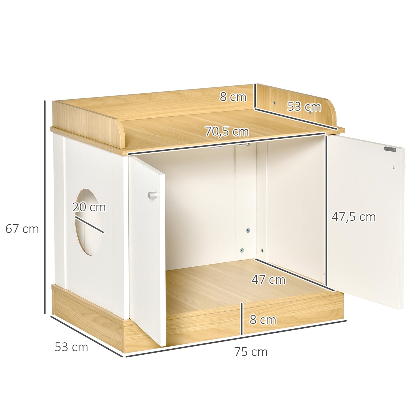 PawHut Casa para Gatos de Madera Mueble Arenero para Gatos 2 en 1 con Estante de Almacenaje Doble Puerta y Orificio de Entrada Lateral 75x53x67 cm Blanco y Roble