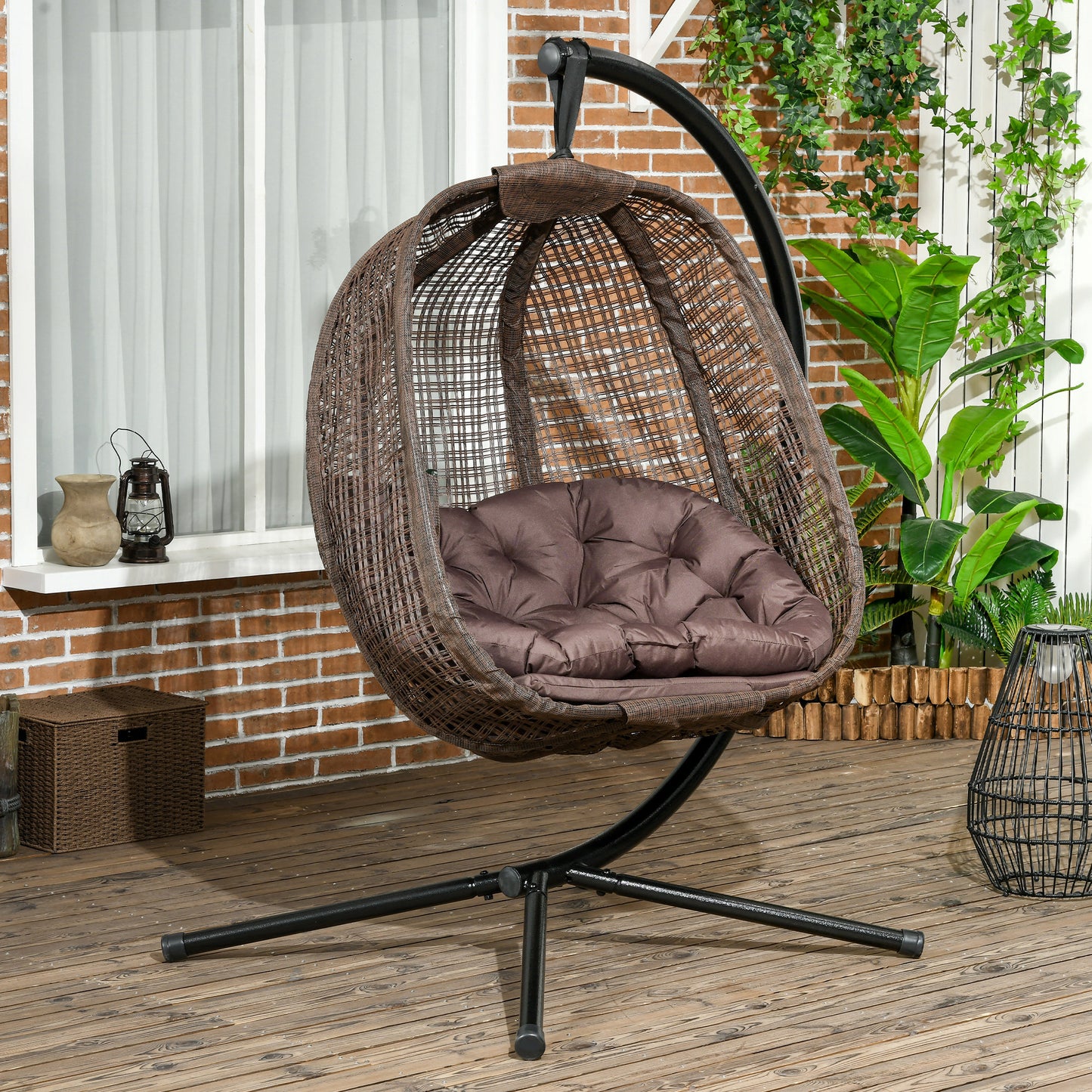 Outsunny Silla Colgante con Efecto Imitación Ratán Sillón Colgante con Soporte de Acero Cesta Plegable Bolsa de Taza y Cojines Carga 120 kg para Interior y Exterior Café