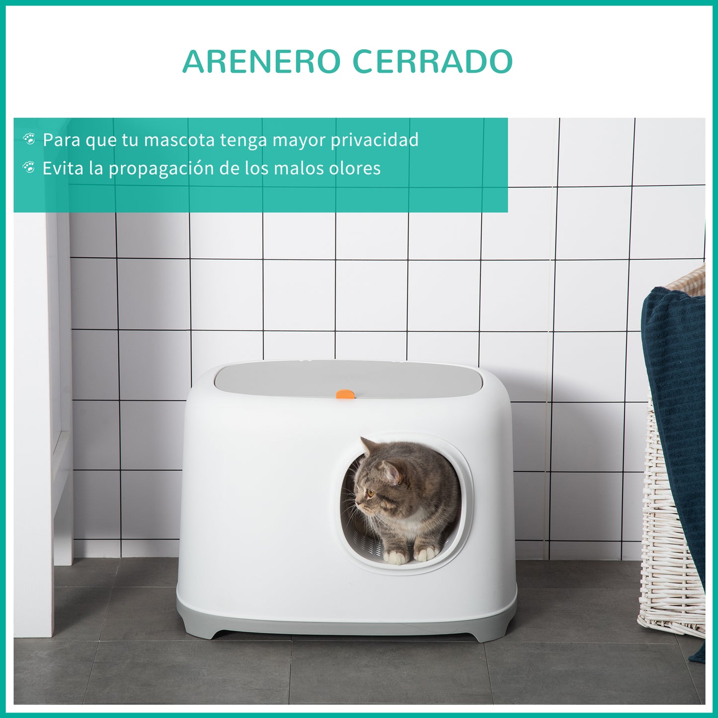 PawHut Caja de Arena para Gatos Arenero Cerrado para Gatos con Bandeja Techo Abatible Orificio de Entrada y Pala Incluida 55x40x39 cm Blanco