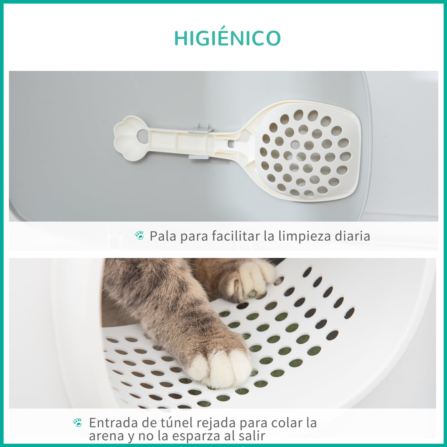 PawHut Caja de Arena para Gatos Arenero Cerrado para Gatos con Bandeja Techo Abatible Orificio de Entrada y Pala Incluida 55x40x39 cm Blanco