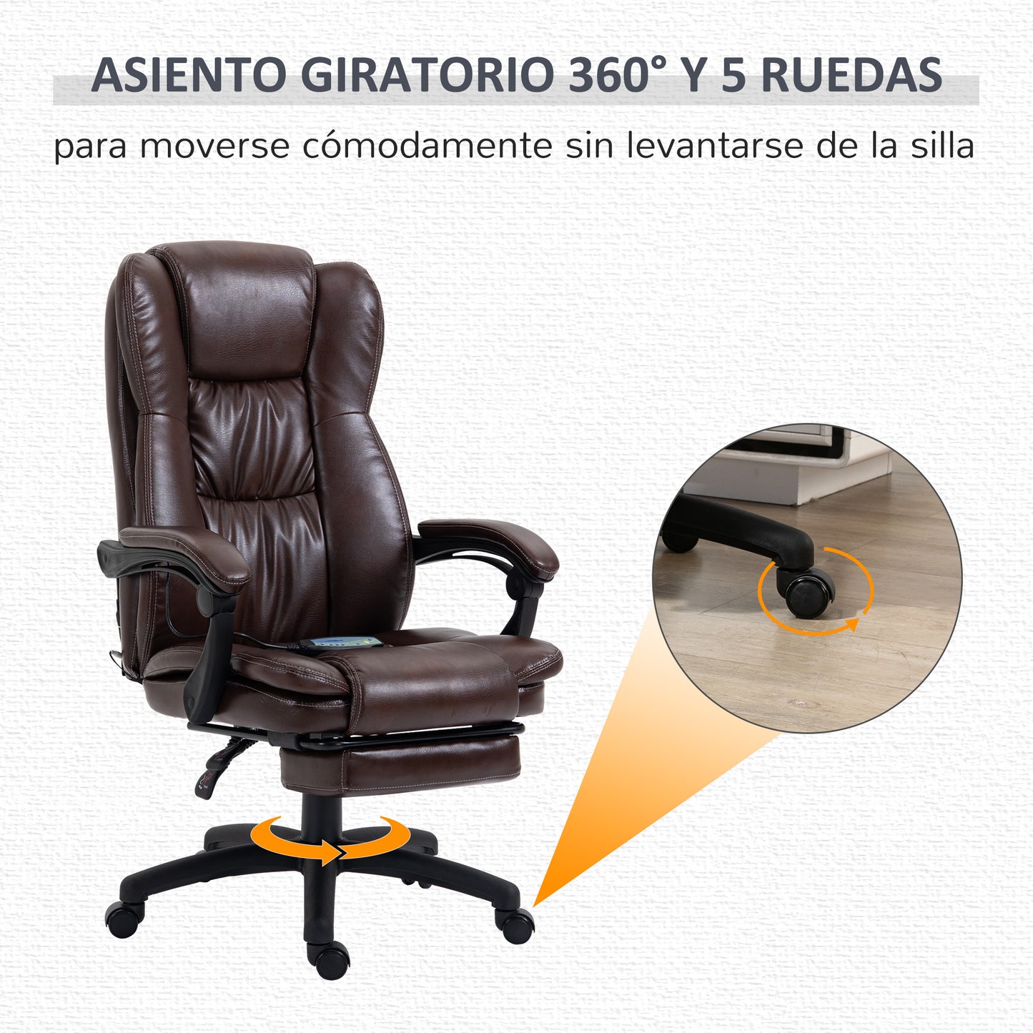 Vinsetto Silla de Masaje con 6 Puntos de Masaje Silla de Oficina Giratoria Silla de Despacho Reclinable con Altura Ajustable Reposapiés Retráctil y Control Remoto 68,5x68,5x113-121 cm Marrón