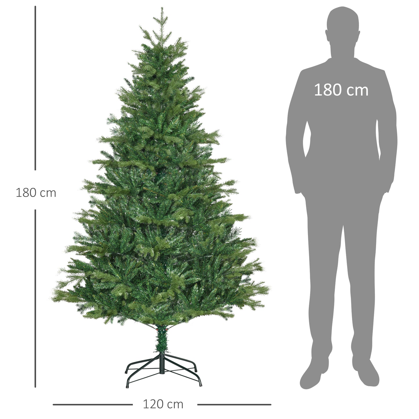 HOMCOM Árbol de Navidad Artificial 180 cm Ignífugo con 1443 Ramas Hojas de PVC Base Plegable y Soporte Metálico Decoración Navideña para Interiores Verde