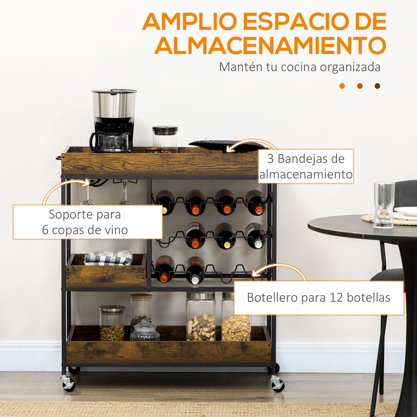 HOMCOM Carrito de Cocina Industrial Carro Auxiliar con Ruedas Botellero para 12 Botellas Portavasos para 6 Copas y 3 Estantes de Almacenamiento para Comedor 86,5x40x91,5 cm Marrón Rústico