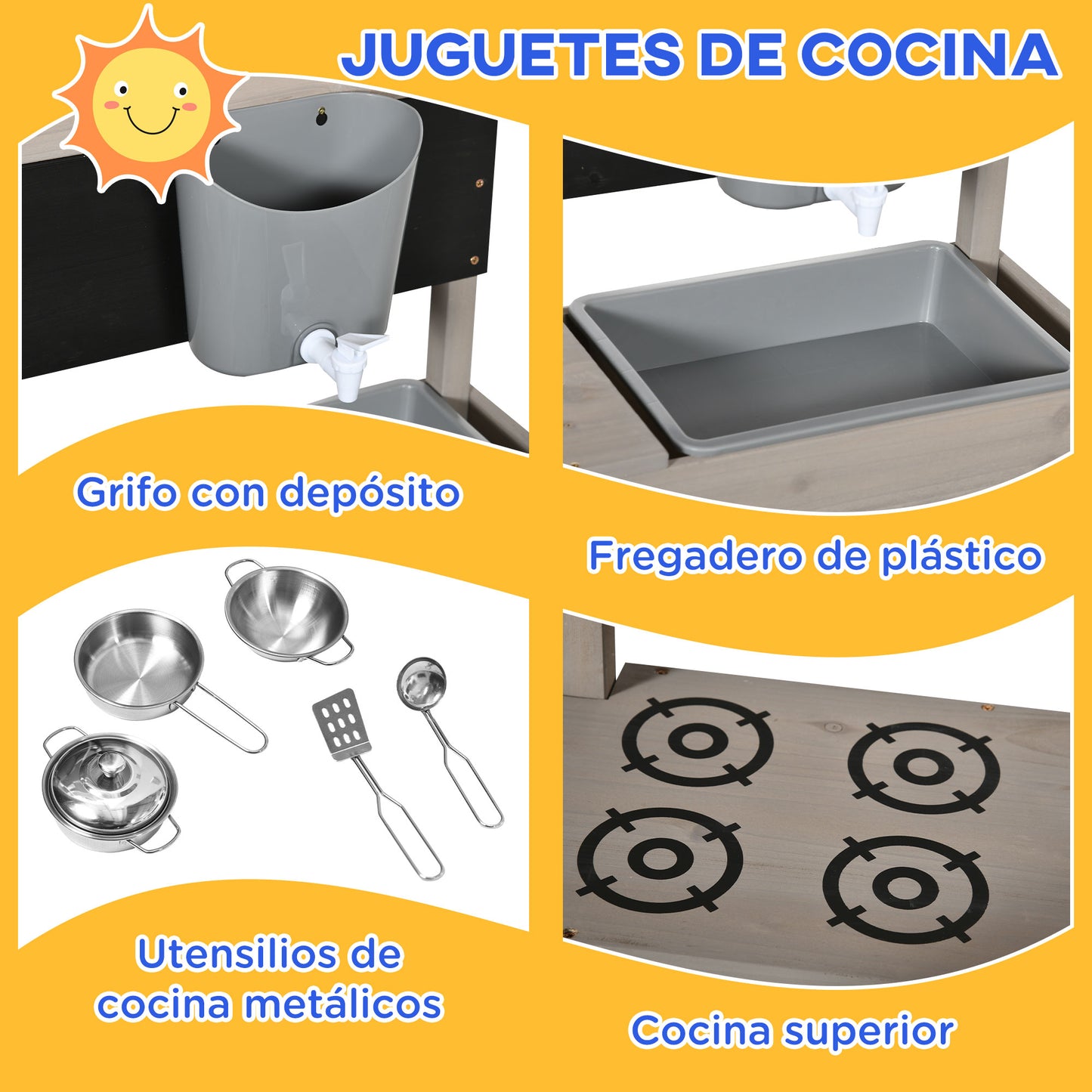 Outsunny Arenero de Madera para Niños con Techo Regulable Arenero Infantil con Juguetes de Cocina Pizarra y Banco Juego para Niños de 3-7 Años para Patio Jardín 114x110x110 cm Gris