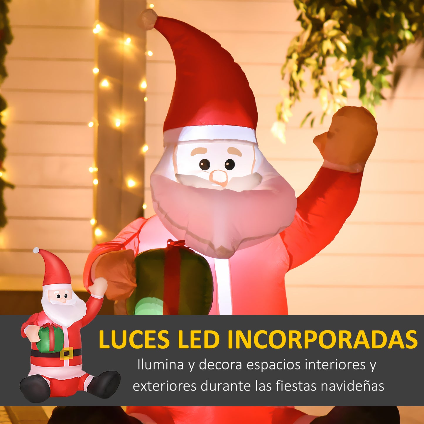 HOMCOM Papá Noel Hinchable 1.2m Santa Claus Inflable con Regalo Decoración Navidad Iluminación LED con Inflador Apto Interior Exterior