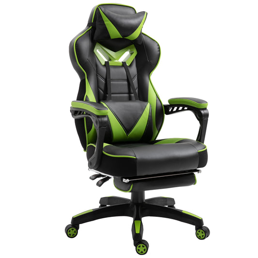 Vinsetto Silla Gaming Ergonómica Silla de Escritorio de Oficina Regulable en Altura Reclinable Respaldo con Reposapiés Reposacabezas Cojín Lumbar Ruedas 65x70x118,5-128,5 cm Verde