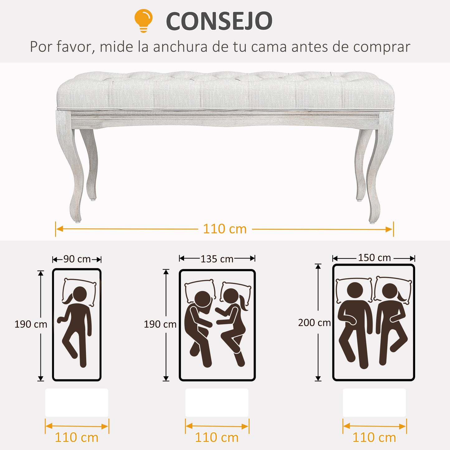 HOMCOM Taburete Pie de Cama Banco para Pie de Cama con Pies de Madera y Asiento Acolchado Carga 120 kg Banqueta de Dormitorio para Entrada Pasillo 110x37x49 cm Crema