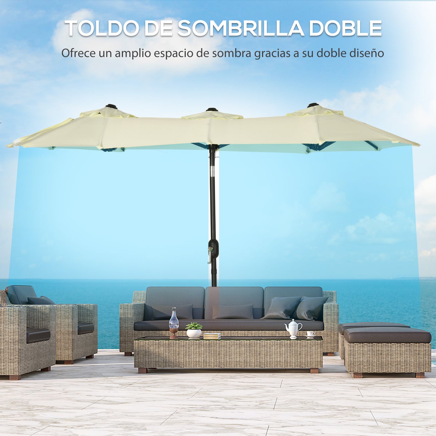 Outsunny Sombrilla Doble 285x147x227 cm Sombrilla de Jardín con Inclinación de 45° Manivela Costillas de Acero y 3 Orificios de Ventilación para Terraza Balcón Piscina Beige