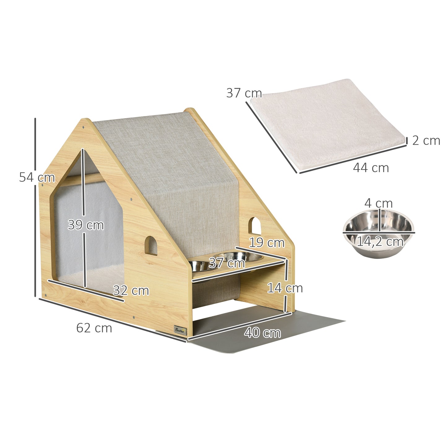 PawHut Caseta para Perros de Madera Cama de Interior para Cachorros con Comedero 2 Cuencos de Acero Inoxidable y Cojín Suave Desenfundable 62x40x54 cm Roble y Gris