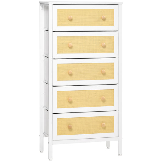 HOMCOM Cómoda de Dormitorio Cajonera de Estilo Bohemio con 5 Cajones de Tela Plegable Superficie de Ratán PE y Marco de Acero para Entrada Salón Pasillo 62x30x126,5 cm Blanco