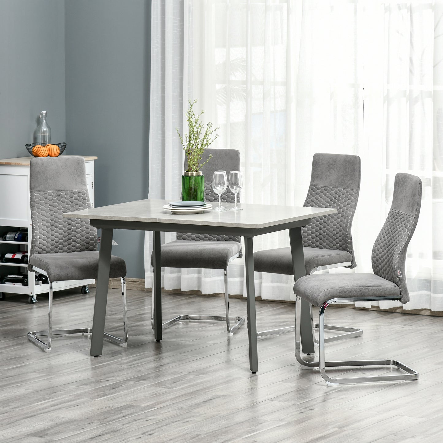 HOMCOM Set de 4 Sillas de Comedor Sillas de Cocina Tejido de Microfibra con Asiento Acolchado y Patas de Metal Sillas Cantilever Modernas 45x61x98 cm Gris