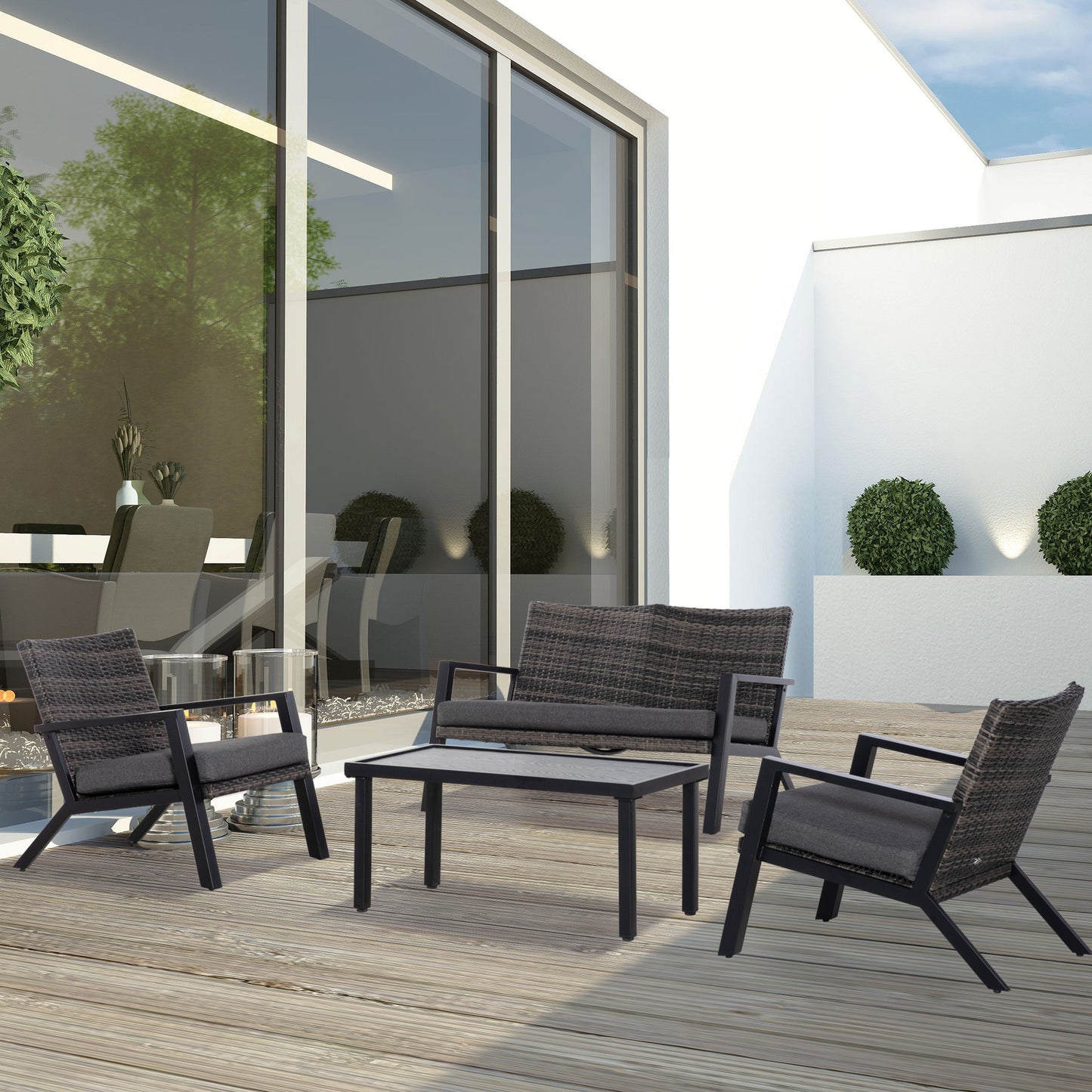 Outsunny Conjunto de Muebles de Jardín de Ratán 4 Piezas Juego de Muebles de Exterior con Sofá de 2 Plazos Sofás Individuales y Mesa de Centro para Terraza Patio Negro