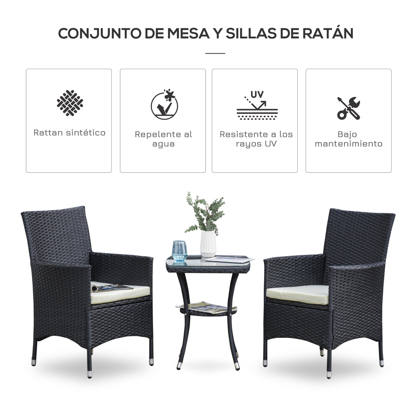 Outsunny Conjunto de Muebles para Jardín Juegos de Muebles de Ratán Incluye 1 Mesa y 2 Sillones con Cojines Estructura de Metal para Terraza Patio Negro