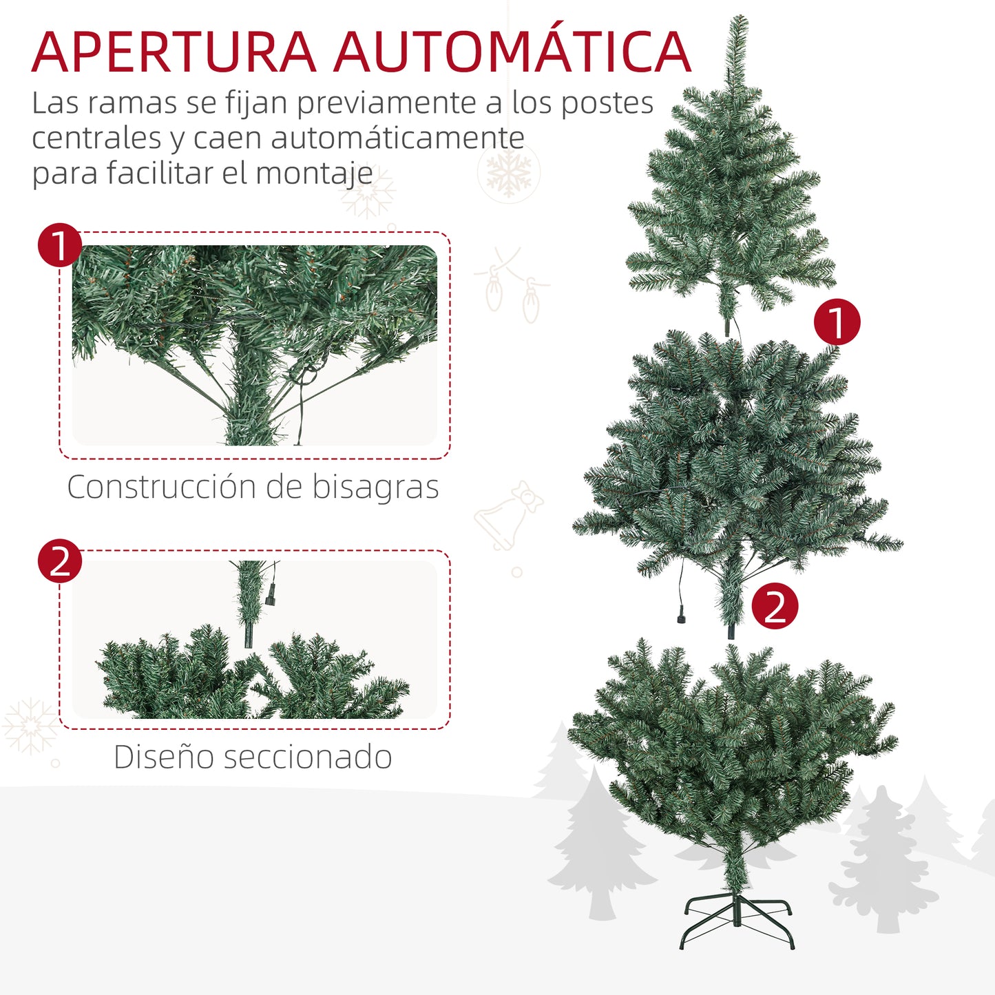 HOMCOM Árbol de Navidad Artificial 180 cm con 150 Luces LED Árbol con 8 Modos de Iluminación de Navideño con 650 Ramas y 100 Decoraciones Árbol Automático Acero Ø106x180 cm Verde