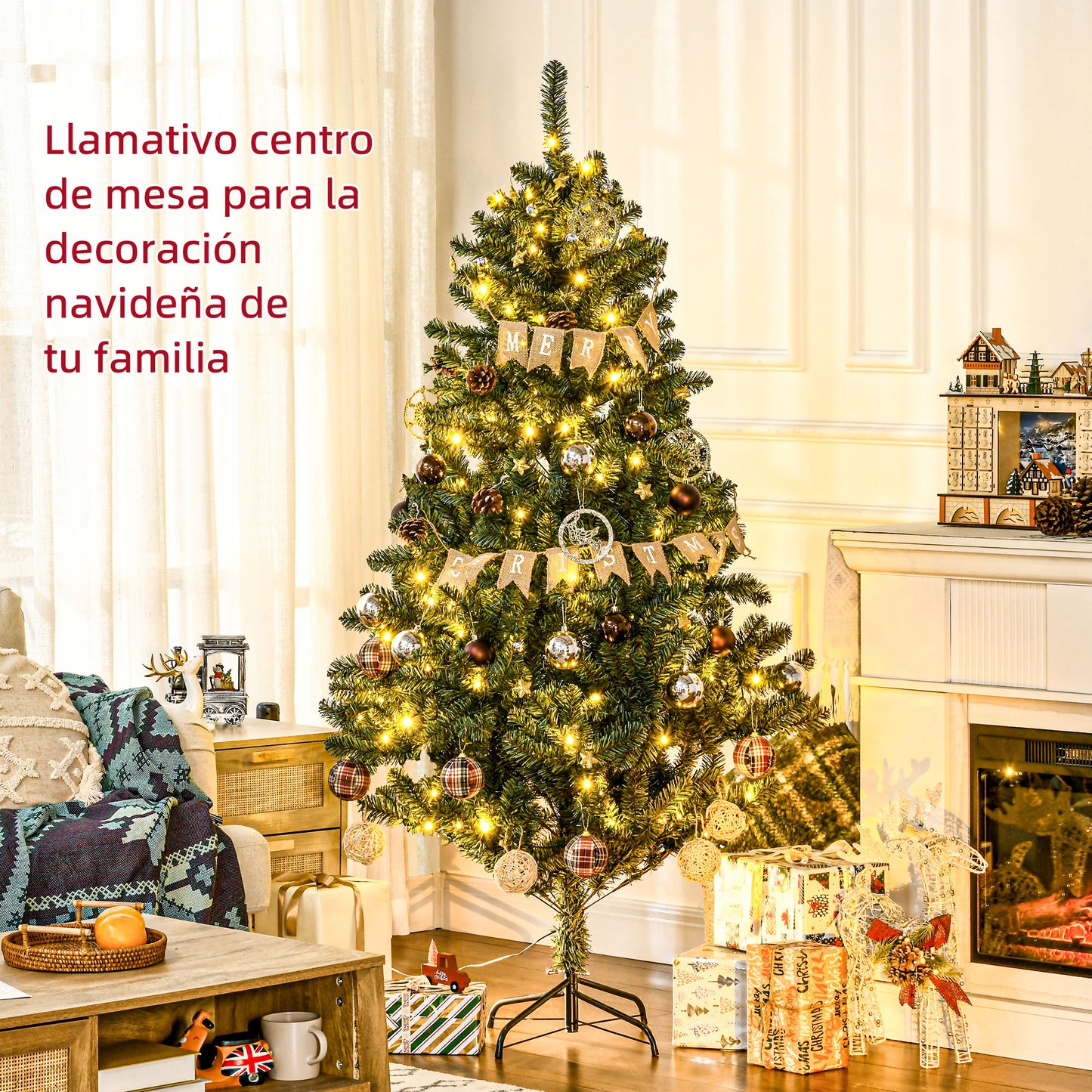 HOMCOM Árbol de Navidad Artificial 180 cm con 150 Luces LED Árbol con 8 Modos de Iluminación de Navideño con 650 Ramas y 100 Decoraciones Árbol Automático Acero Ø106x180 cm Verde