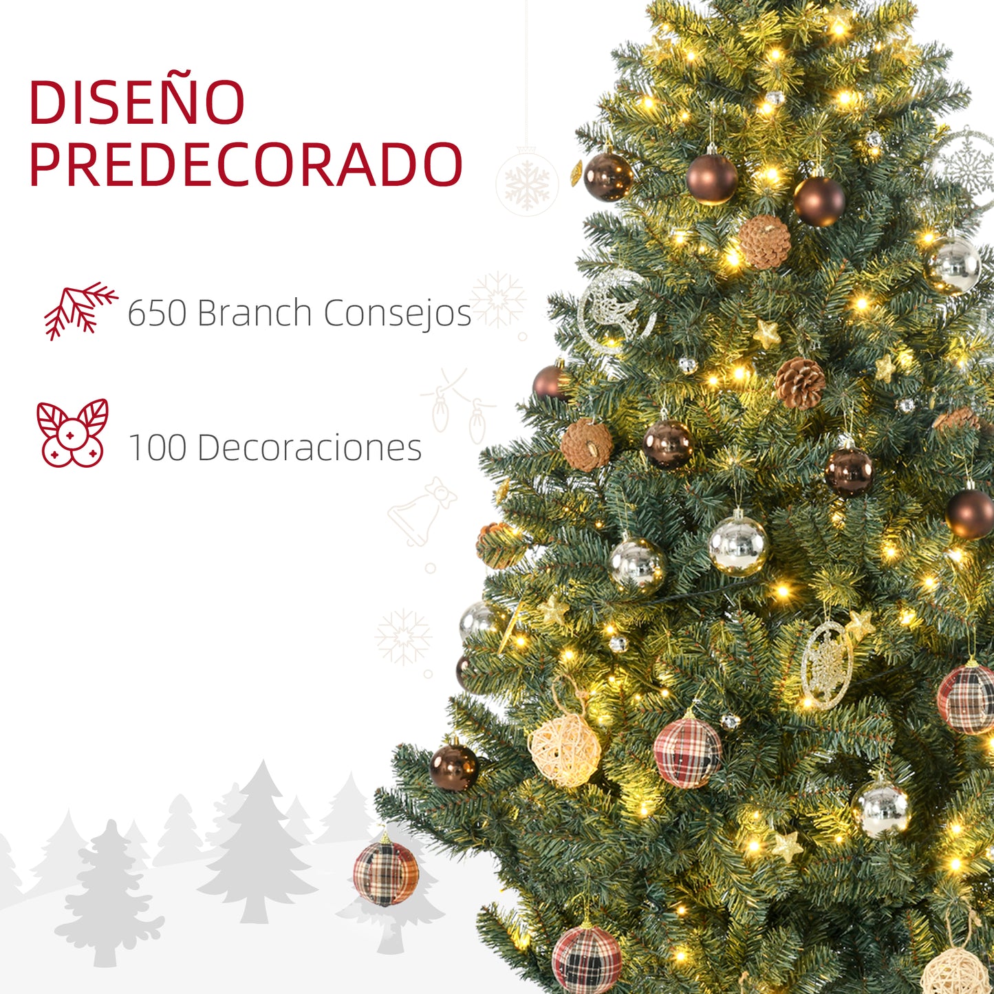 HOMCOM Árbol de Navidad Artificial 180 cm con 150 Luces LED Árbol con 8 Modos de Iluminación de Navideño con 650 Ramas y 100 Decoraciones Árbol Automático Acero Ø106x180 cm Verde