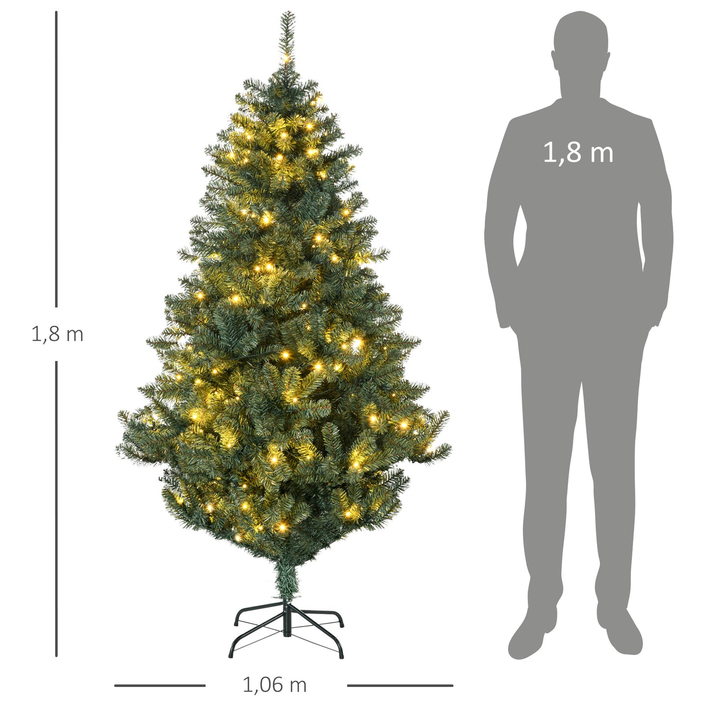 HOMCOM Árbol de Navidad Artificial 180 cm con 150 Luces LED Árbol con 8 Modos de Iluminación de Navideño con 650 Ramas y 100 Decoraciones Árbol Automático Acero Ø106x180 cm Verde