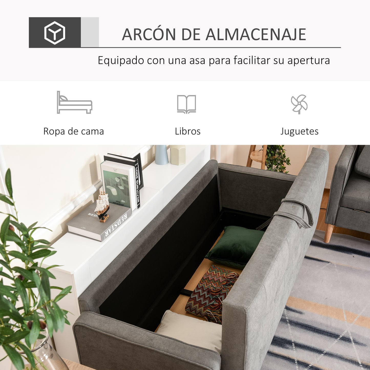 HOMCOM Sofá de 3 Plazas Acolchado con 3 Cojines y Reposabrazos Espacio de Almacenaje Estilo Moderno para Salón Dormitorio 166,5x62x82 cm Gris