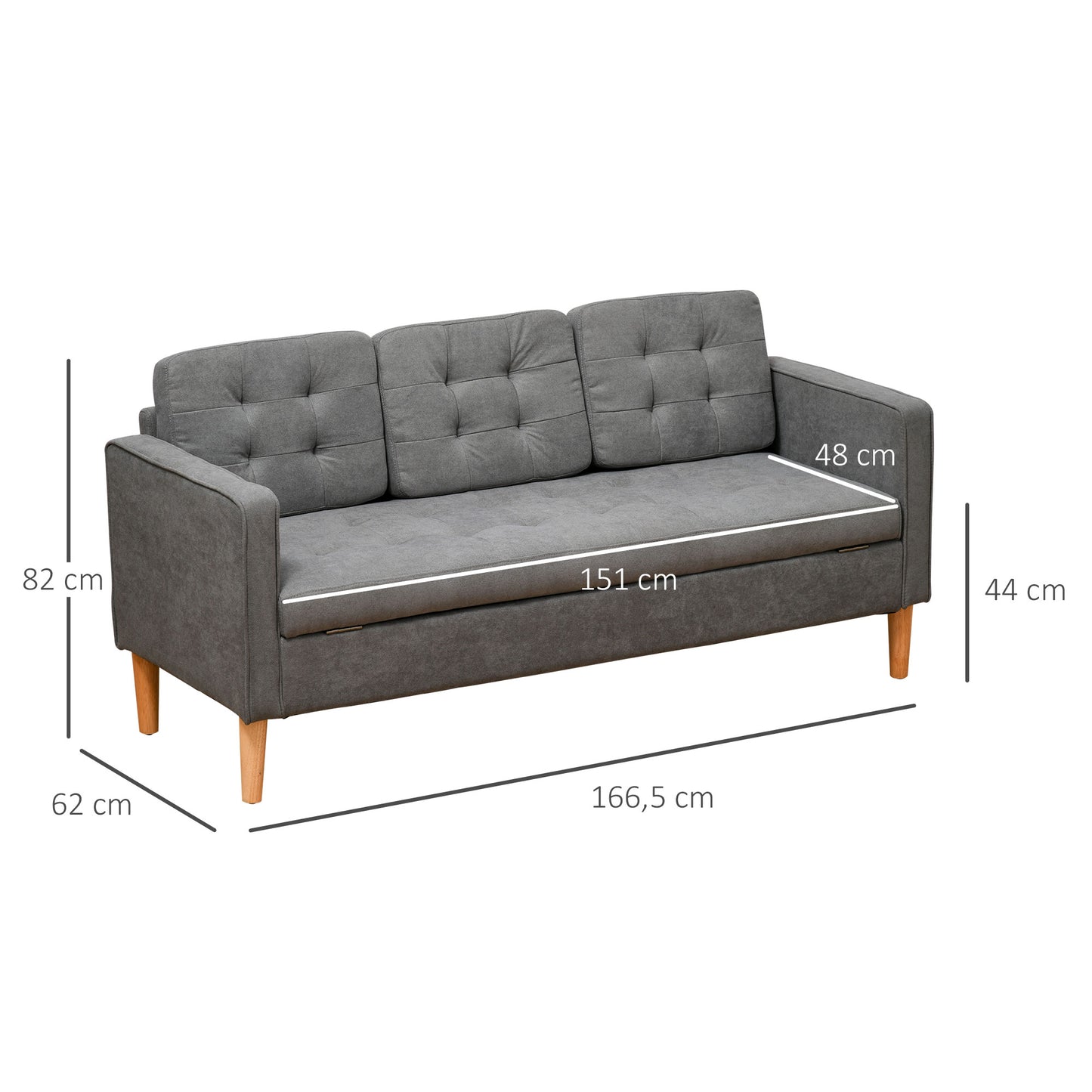 HOMCOM Sofá de 3 Plazas Acolchado con 3 Cojines y Reposabrazos Espacio de Almacenaje Estilo Moderno para Salón Dormitorio 166,5x62x82 cm Gris