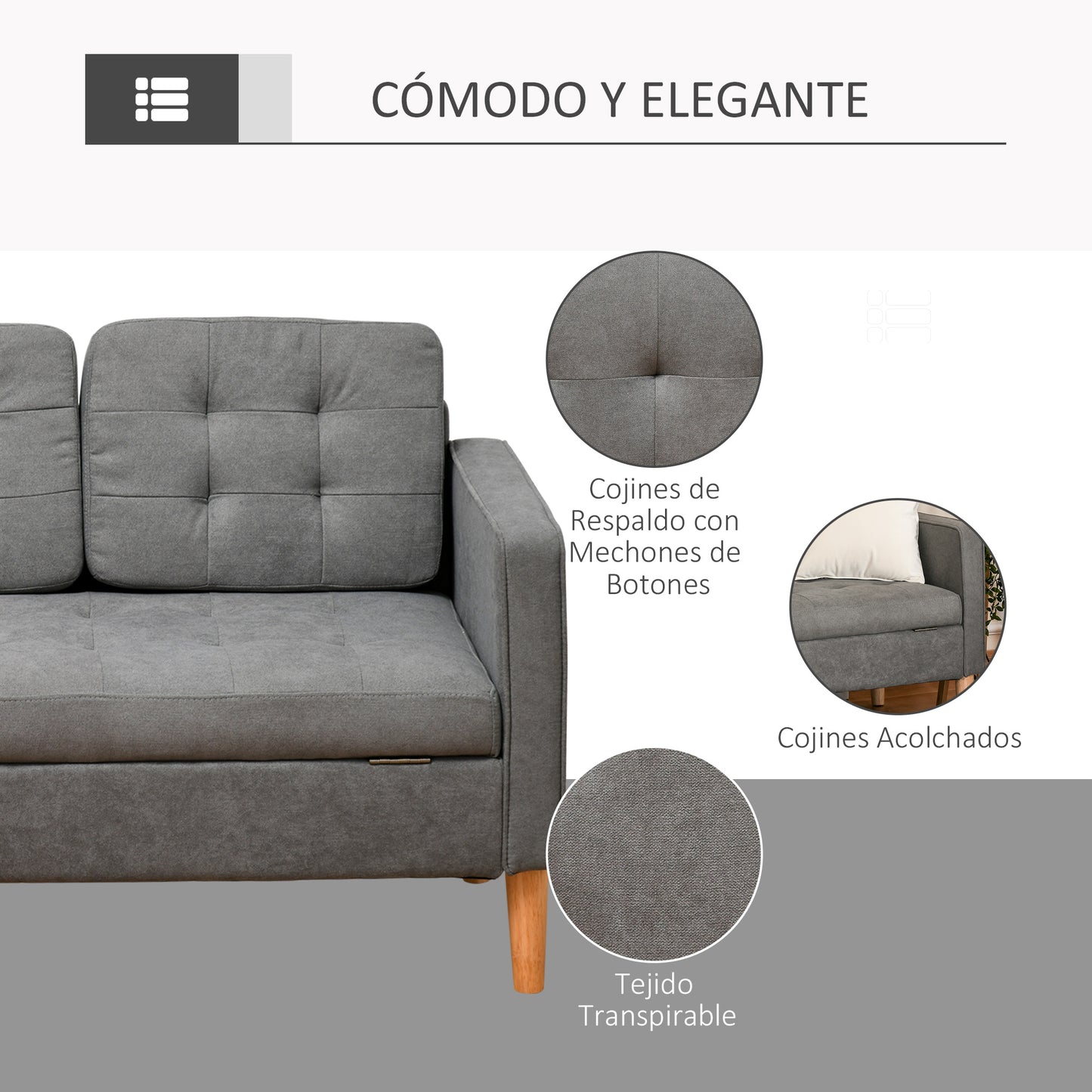 HOMCOM Sofá de 3 Plazas Acolchado con 3 Cojines y Reposabrazos Espacio de Almacenaje Estilo Moderno para Salón Dormitorio 166,5x62x82 cm Gris