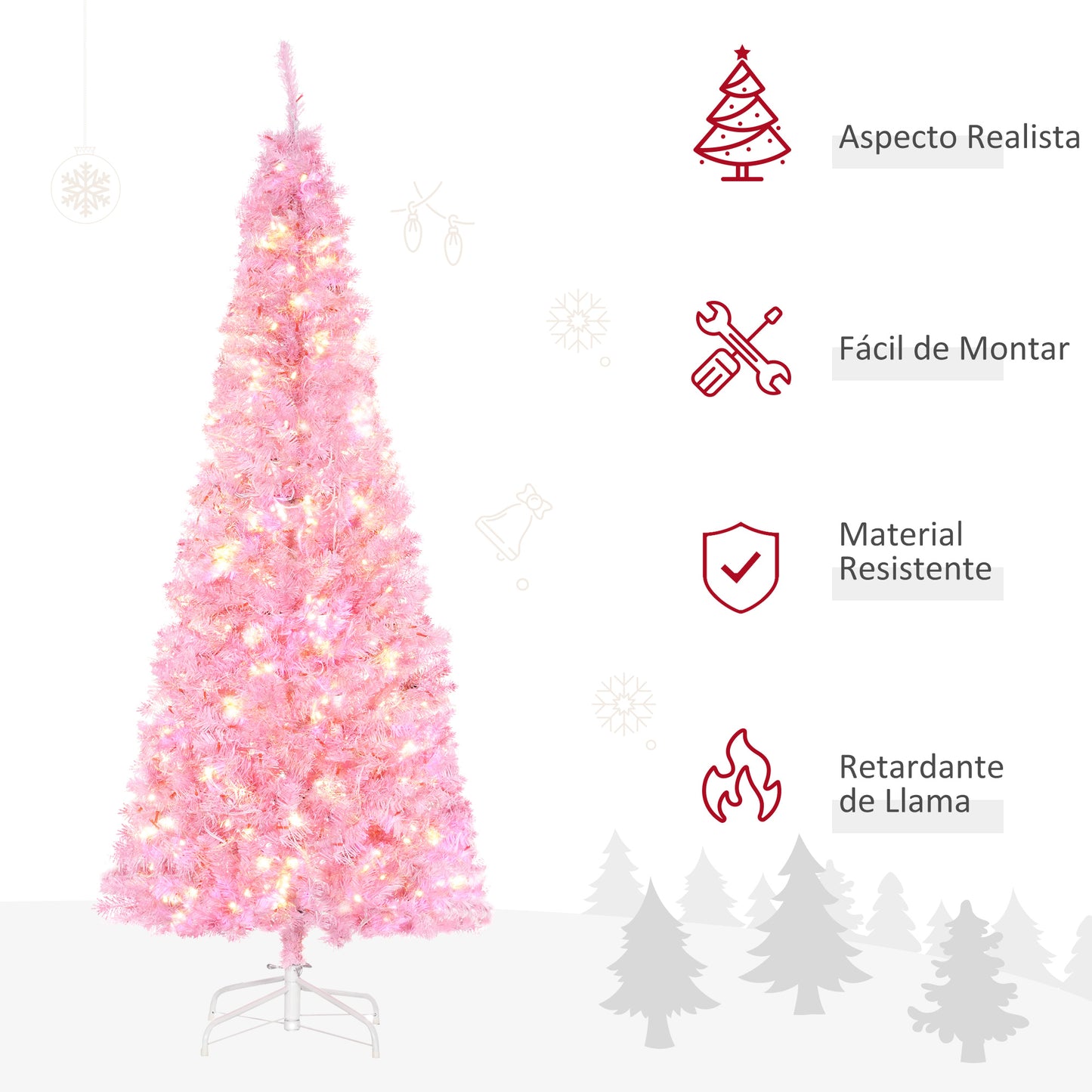 HOMCOM Árbol de Navidad 180 cm Árbol de Navidad con Luces LED 618 Ramas Hojas Apertura Automática Base Plegable y Soporte Metálico Decoración Navideña para Interiores Rosa