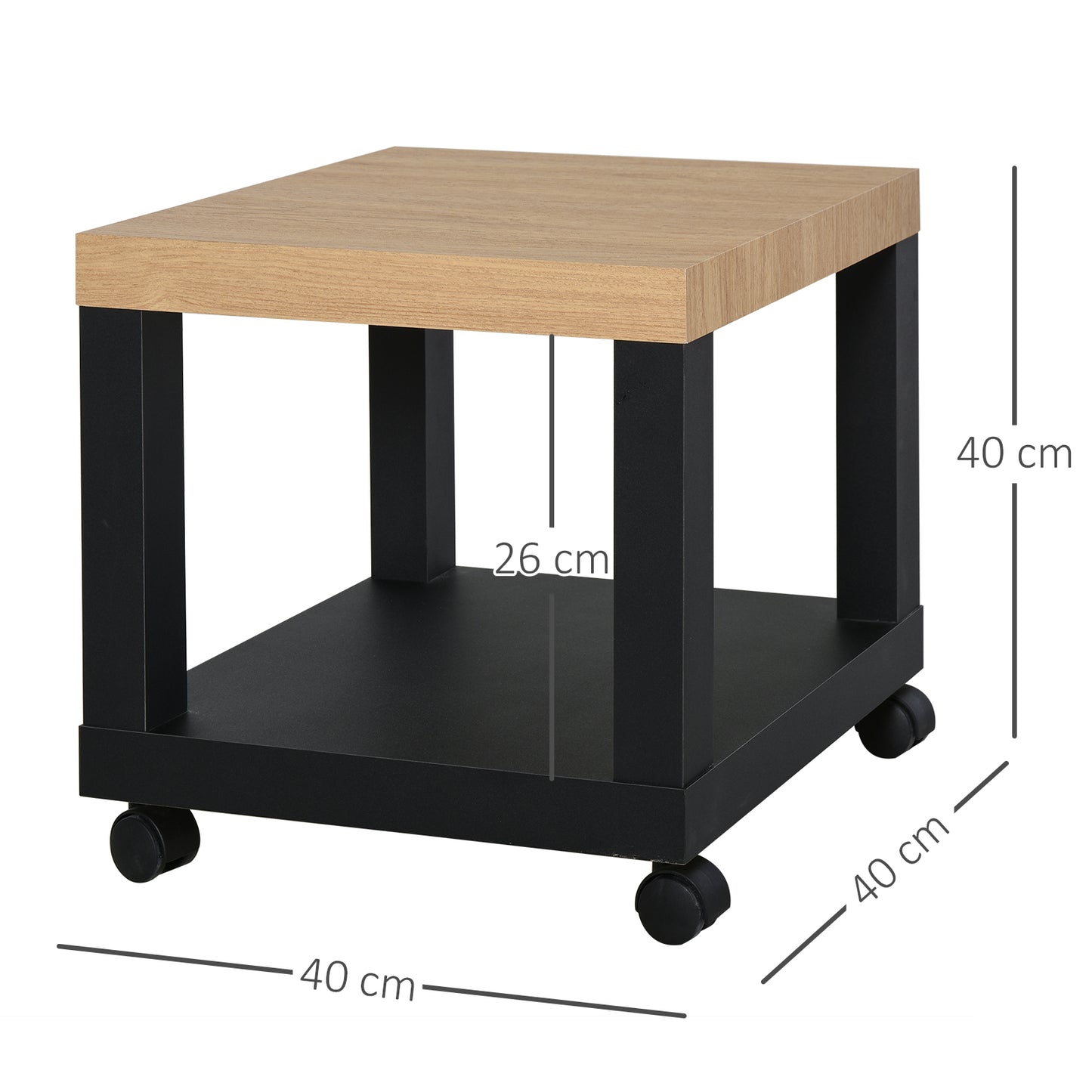 HOMCOM Mesita Auxiliar con Ruedas Mesa Auxiliar con Estante Abierto Mesa para Sofá Sala Dormitorio 40x40x40 cm Negro y Natural