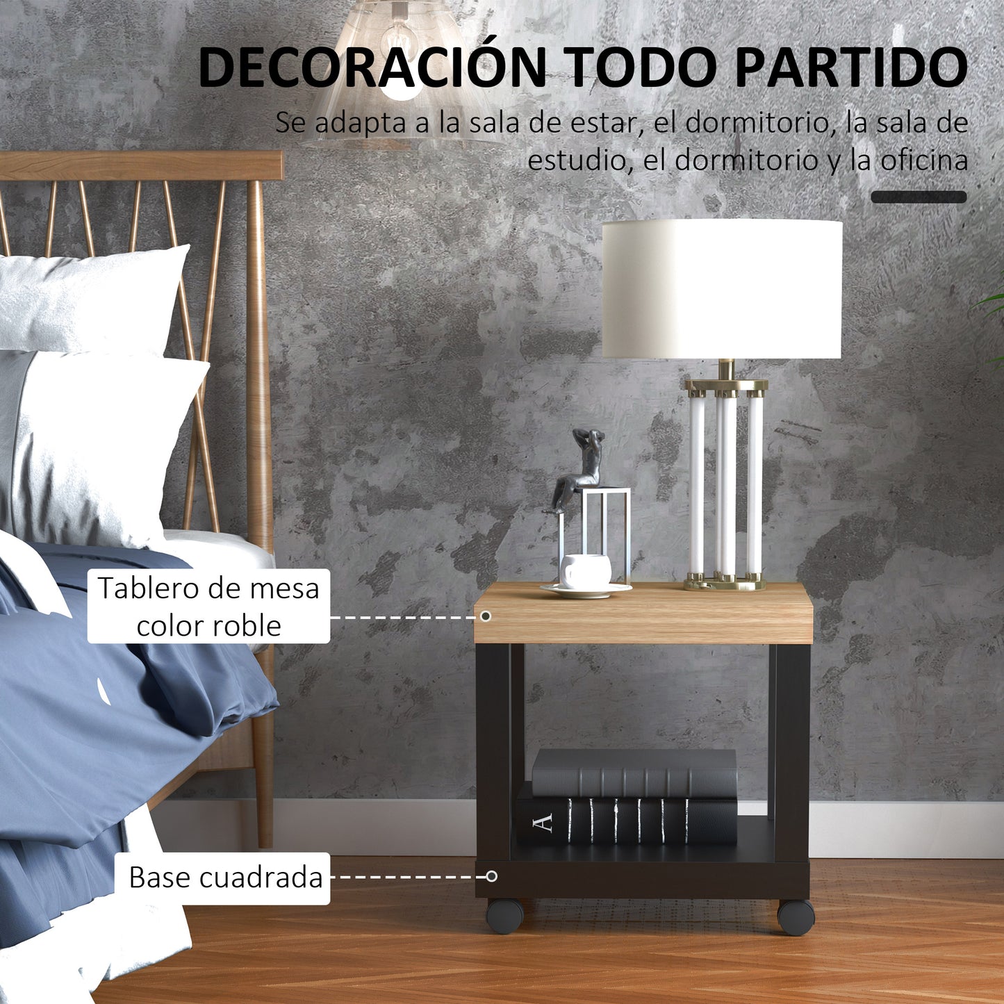 HOMCOM Mesita Auxiliar con Ruedas Mesa Auxiliar con Estante Abierto Mesa para Sofá Sala Dormitorio 40x40x40 cm Negro y Natural