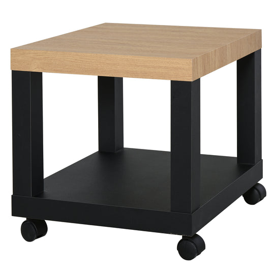 HOMCOM Mesita Auxiliar con Ruedas Mesa Auxiliar con Estante Abierto Mesa para Sofá Sala Dormitorio 40x40x40 cm Negro y Natural