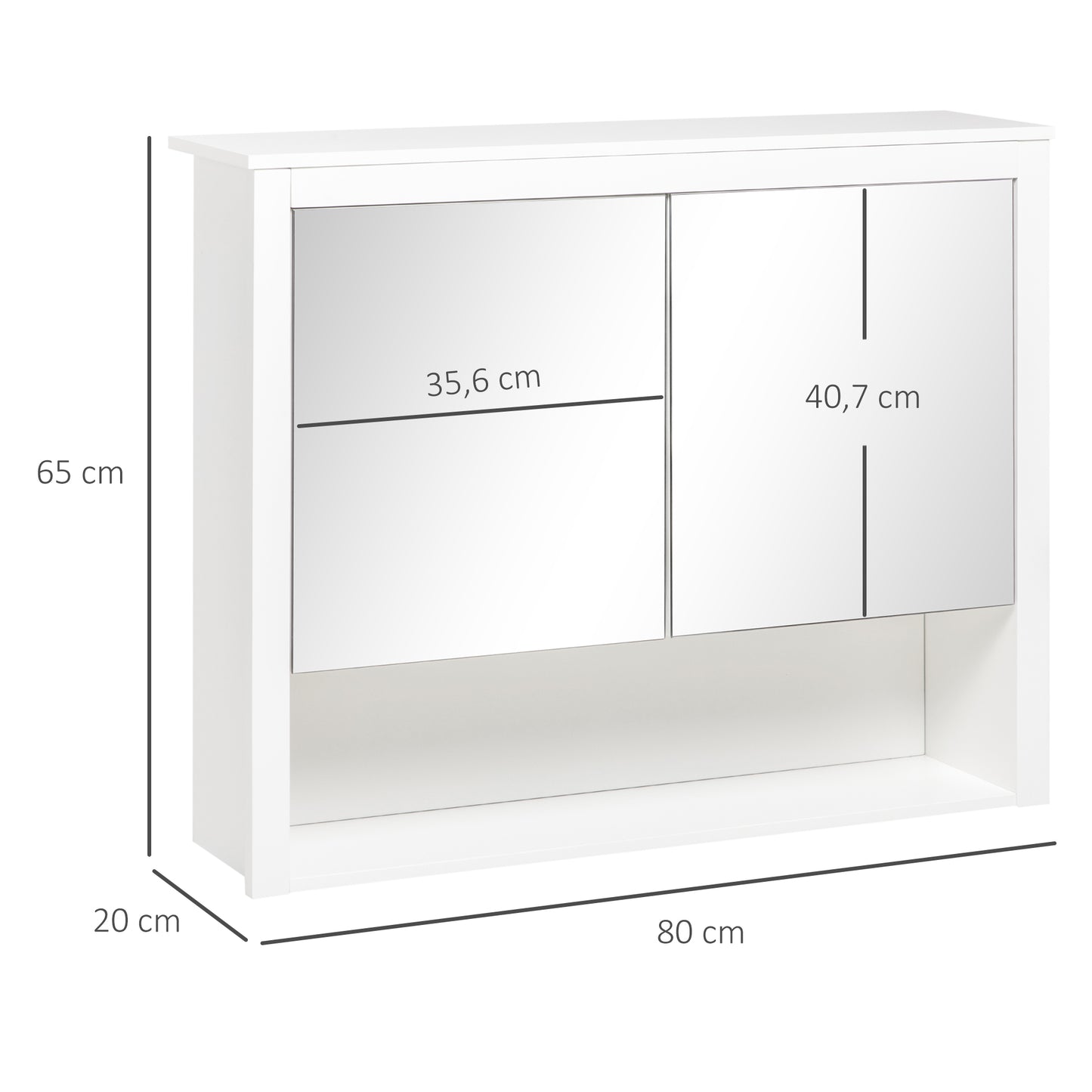 HOMCOM Armario de Pared con Espejo Mueble Suspendido de Baño Armario Colgante para Baño con 2 Puertas de Vidrio y Estante de Almacenamiento 80x20x65 cm Blanco