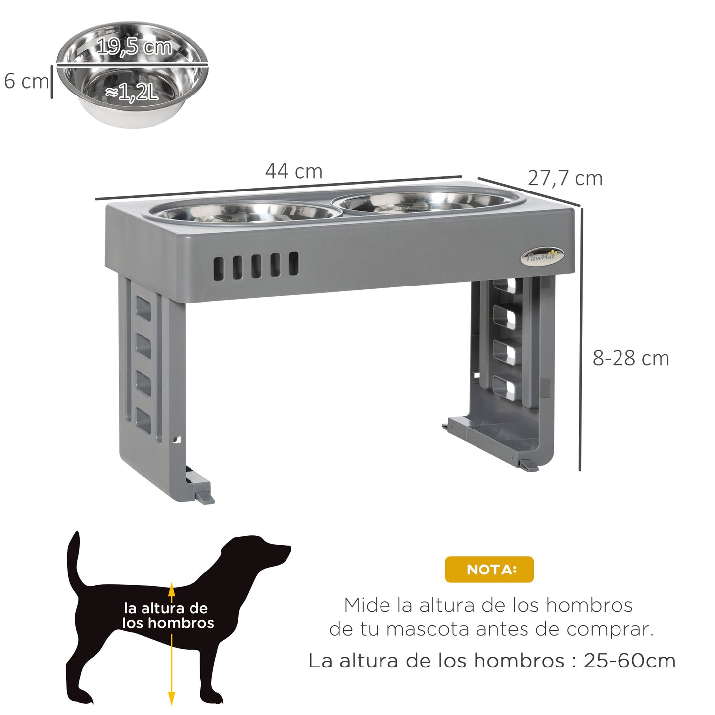 PawHut Comedero Elevado para Perros con 2 Platos Desmontables de 1200 ml y Altura Ajustable de 3 Niveles Cuencos para Perros con Soporte de Acero Inoxidable 44x27,7x28 cm Gris