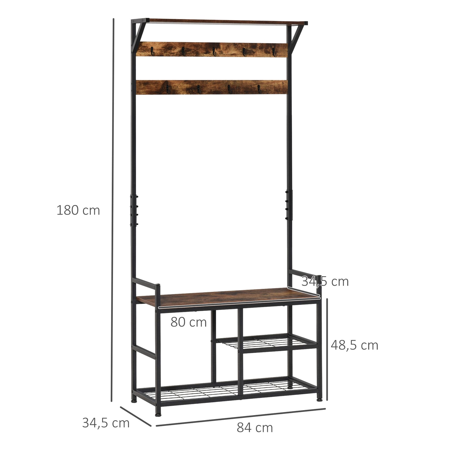 HOMCOM Perchero con Zapatero Perchero de Entrada Recibidor con 3 Estantes 9 Ganchos Patas Ajustables Estilo Industrial para Pasillo Dormitorio 84x34,5x180 cm Color Negro Marrón