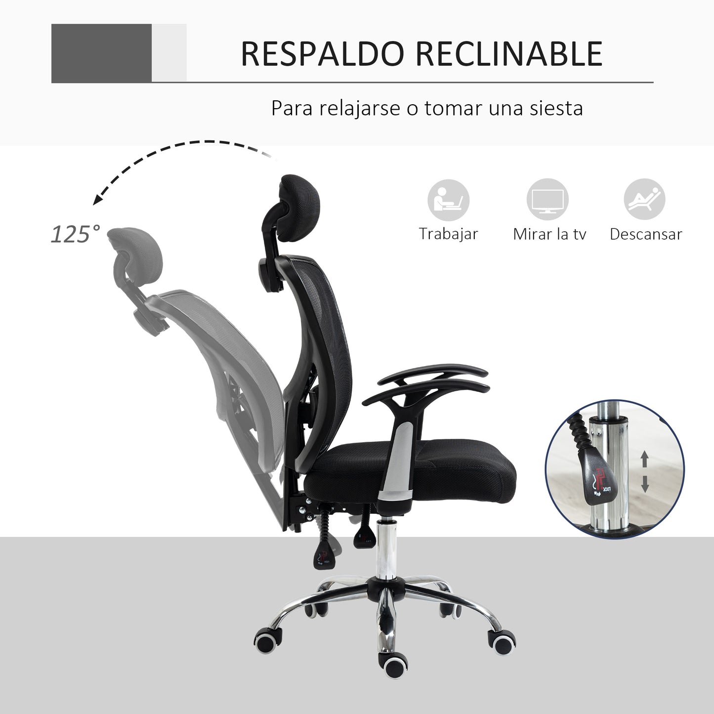 Vinsetto Silla de Oficina Ergonómica Silla de Malla con Altura Ajustable Función Reclinable Reposacabezas Regulable y Soporte Lumbar 62x67x108-118 cm Negro