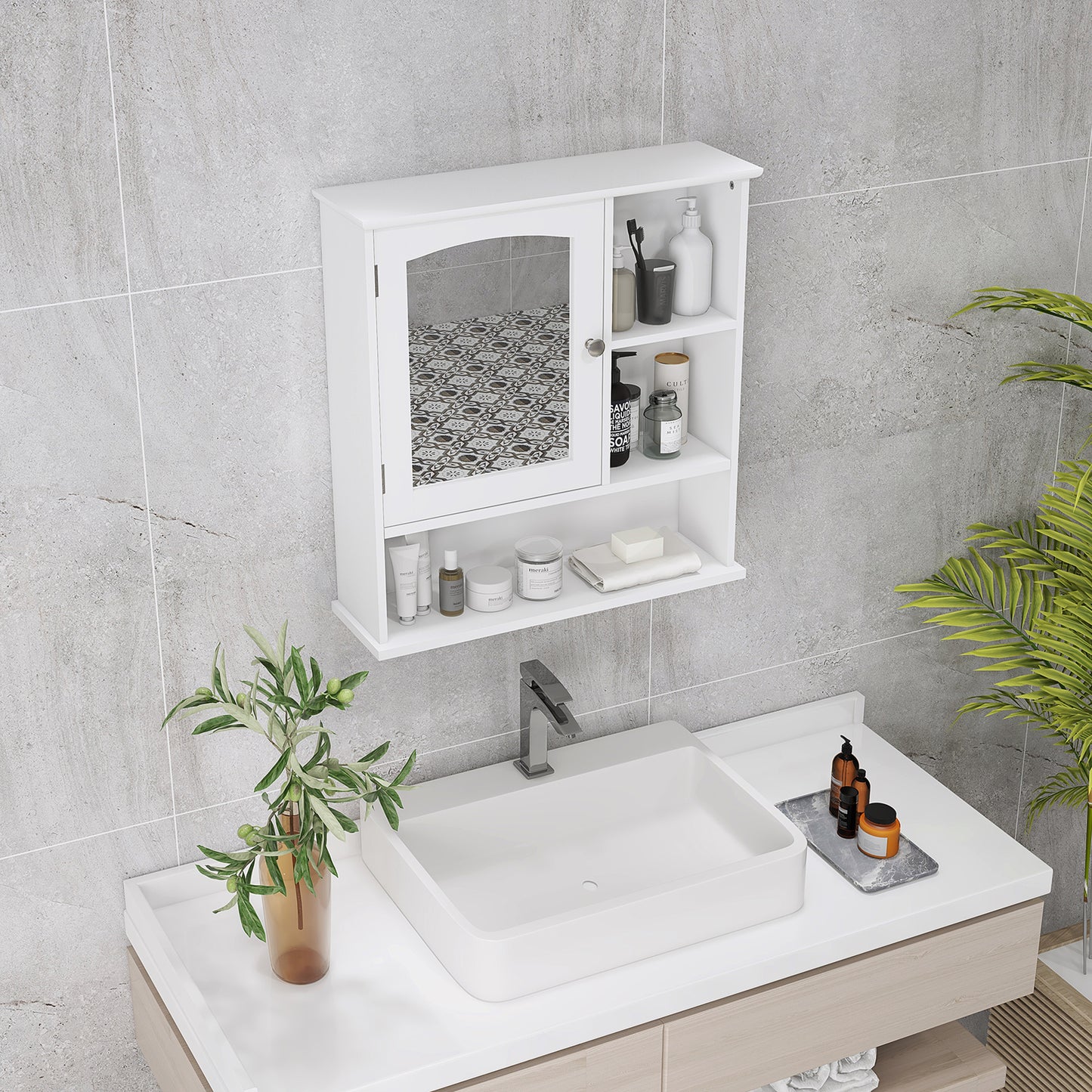 kleankin Armario de Baño con Espejo de Gran Almacenaje Armario Montado en la Pared con Estante Ajustable Interior y Estantes Abiertos 60x18x63 cm Blanco